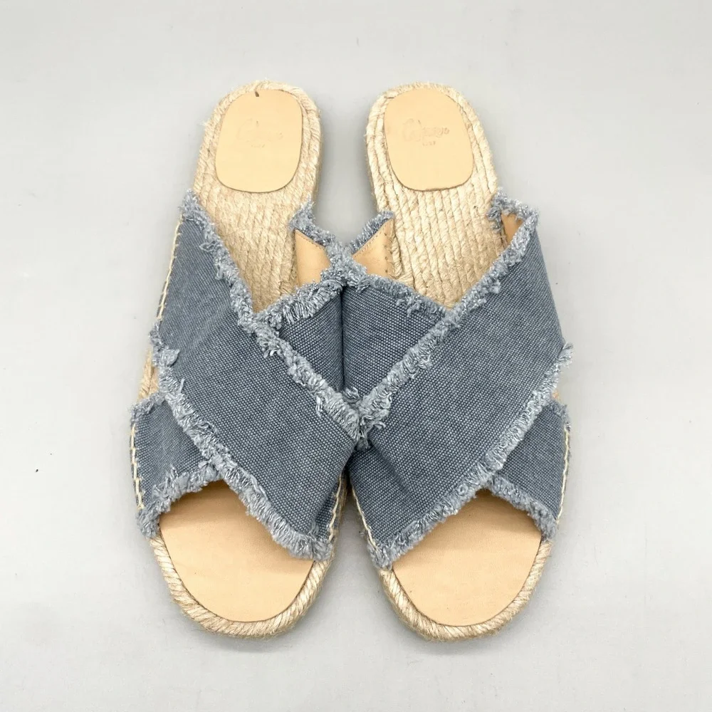 Castaner Womens 41 10 Palmera Espadrille Slide Sandals Blue Canvas Frayed Boho